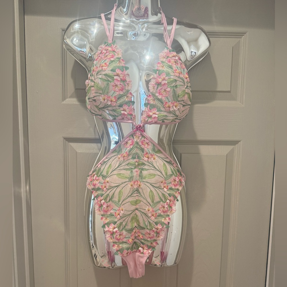 Victoria's Secret Floral Embroidered Chemise - Pink and Green Teddy thongless - Picture 2 of 9